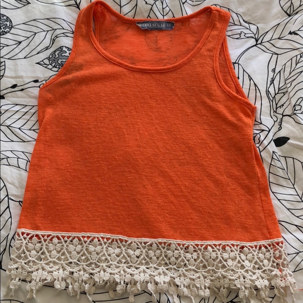 Orange Tank with Cream Lace Trim